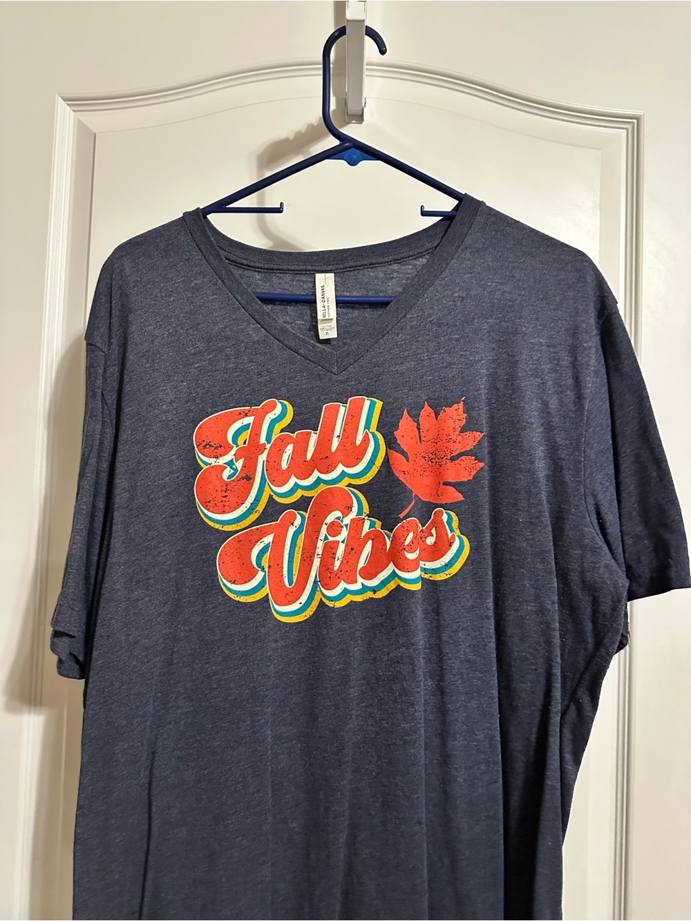 Bella Canvas Heather Navy V-Neck Tee with Multicolor Retro Print